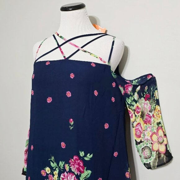 New Mitto Floral Print Dress M Womens Lined Strappy Cold Shoulder 3/4 Sleeve - Picture 5 of 12
